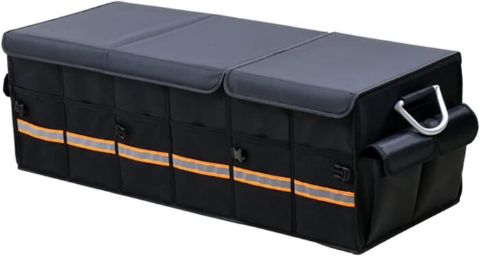Car Trunk Organizer - Collapsible Trunk Organizer & Lid Foldable Cover Aluminium Alloy Handle Reflective Strip for Auto, SUV, Truck, Minivan (XL Black) - Image 1
