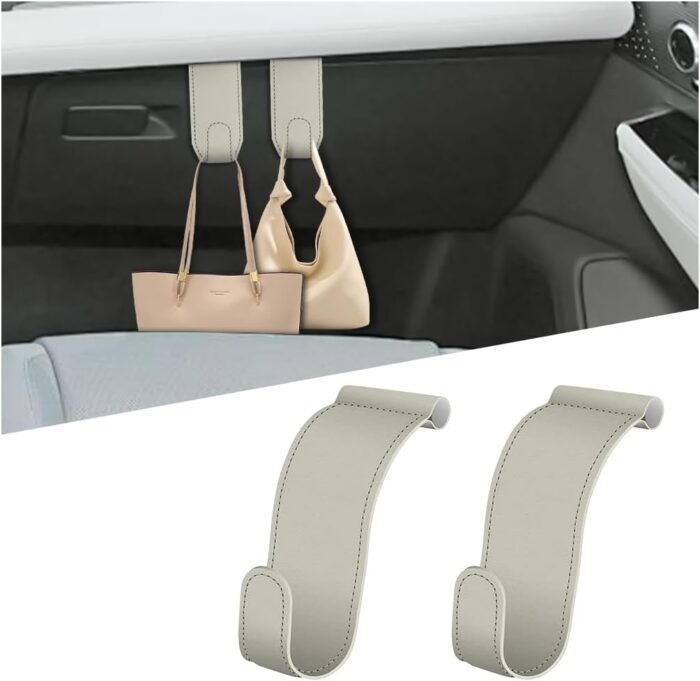 Car Co-Pilot Glovebox Hooks, 2PCS Anti-Scratch Vehicle Passenger Seat Storage Hanger for Handbag Purse Umbrellas, Auto Interior Organizer, Universal for SUV Sedan Truck(Beige) - Image 1