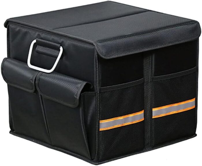 Car Trunk Organizer - Collapsible Trunk Organizer with Foldable Cover Aluminium Alloy Handle Reflective Strip for Auto, SUV, Truck, Minivan (S Black) - Image 1