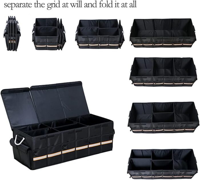 Car Trunk Organizer - Collapsible Trunk Organizer & Lid Foldable Cover Aluminium Alloy Handle Reflective Strip for Auto, SUV, Truck, Minivan (XL Black) - Image 2