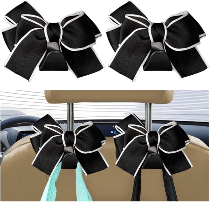 Car Seat Headrest Hook, 2PCS Cute Bow Knot Vehicle Seatback Hanging Storage Organizer, Seat Back Hanger for Purse Coat Umbrella, Universal Automotive Interior Decor Accessories (Black/White) - Image 1