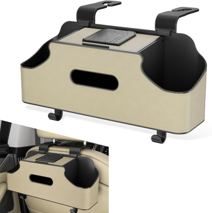 1 PC Car Seat Back Storage Box, 11.42" x 3.35" x 4.92" Hanging Fashionable Multifunctional Storage Rack, Easy to Clean and Durable Travel Accessories, Universal for Most Cars (Beige) - Image 1