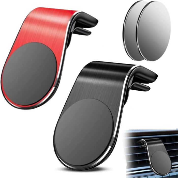 2-Pack Strong Magnetic Car Phone Holder - 360° Rotatable L-Shape Air Vent/Dashboard Mount for iPhone, Samsung, Huawei - Super Sticky Magnet, Universal Smartphone Cradle (Black + Red) - Image 1