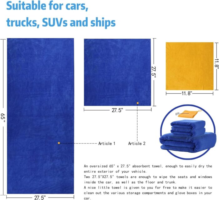 Professional car wash Towels (One 27.5" x 65" and Two 27.5" x 27.5") Microfiber Drying Towel, Super Absorbent Microfiber Car Towel, for Car, Truck, Motor Vehicle, Microfiber Towel (Blue, 3) - Image 2