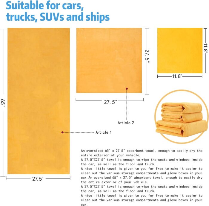 Professional car wash Towels Pack of Three (One 27.5" x 65" and Two 27.5" x 27.5") Microfiber Drying Towel, Super Absorbent Microfiber Car Towel, for Car, Truck, Motor Vehicle(Peace Yellow, 3) - Image 2