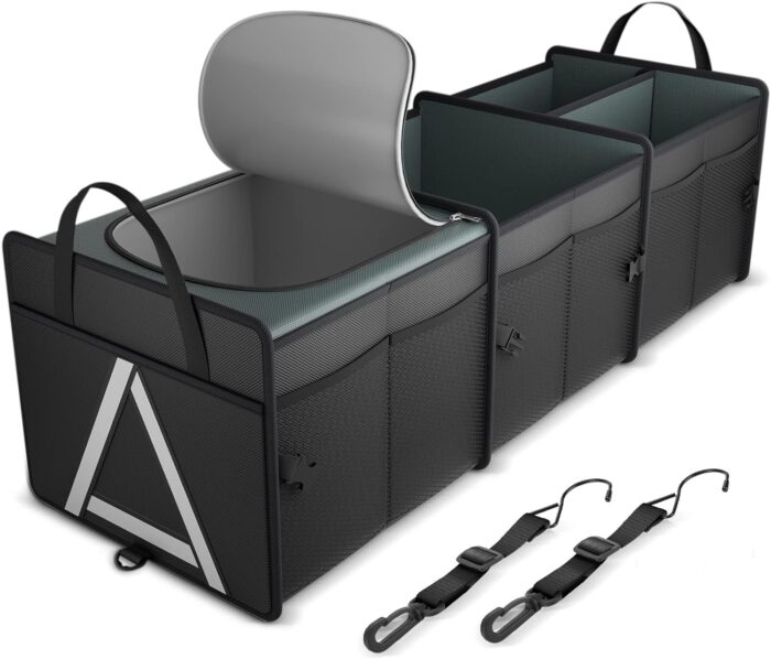 Sturdy Car Trunk Organizer with Premium Insulation Cooler Bag, Heavy Duty Collapsible for Car, SUV, Truck, or Van (3 Compartments, Black) - Image 1