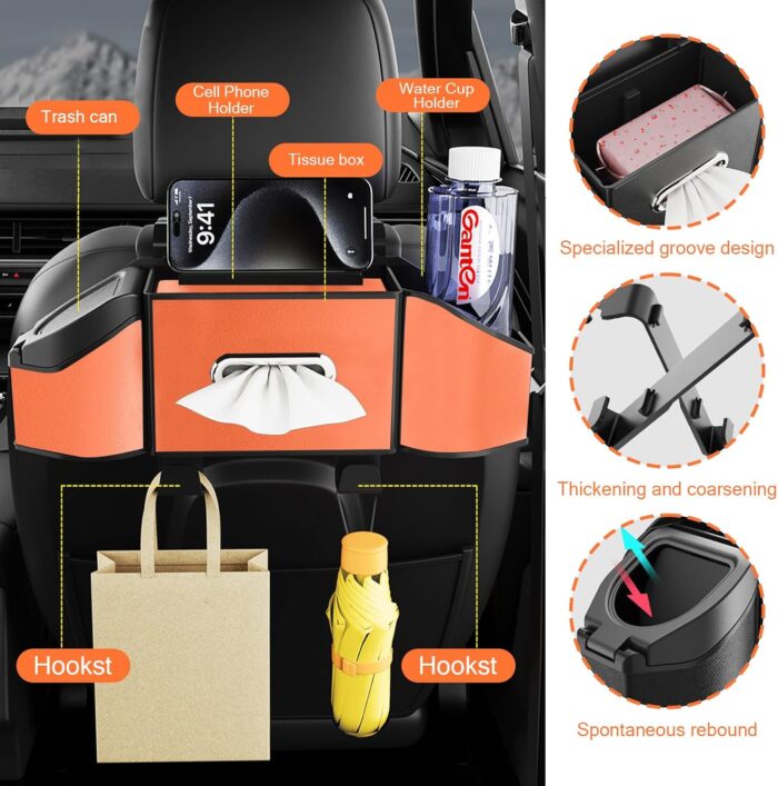 Multifunctional Car Seat Back Organizer with 2 Cup Holders, Spacious Storage for Tissues, Keys, Umbrellas, Bags & Glasses, Built in Waste Bin, Universal Hanging Storage Box for Cars, SUVs (Orange) - Image 2