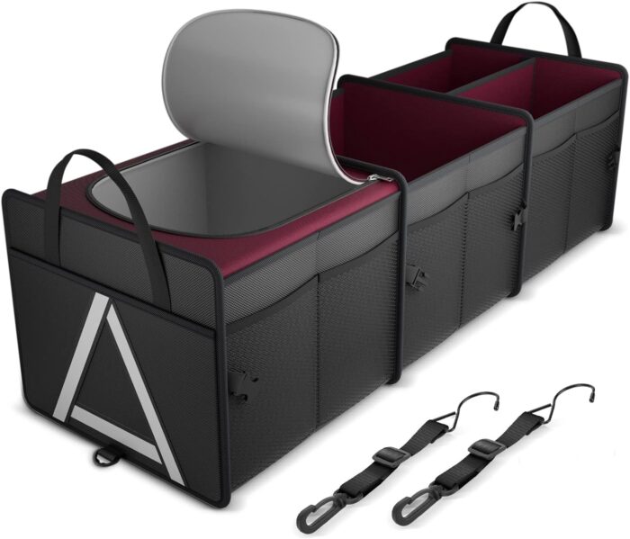 Sturdy Car Trunk Organizer with Premium Insulation Cooler Bag, Heavy Duty Collapsible Trunk Storage Organizer for Car, SUV, Truck, or Van (3 Compartments, Red) - Image 1