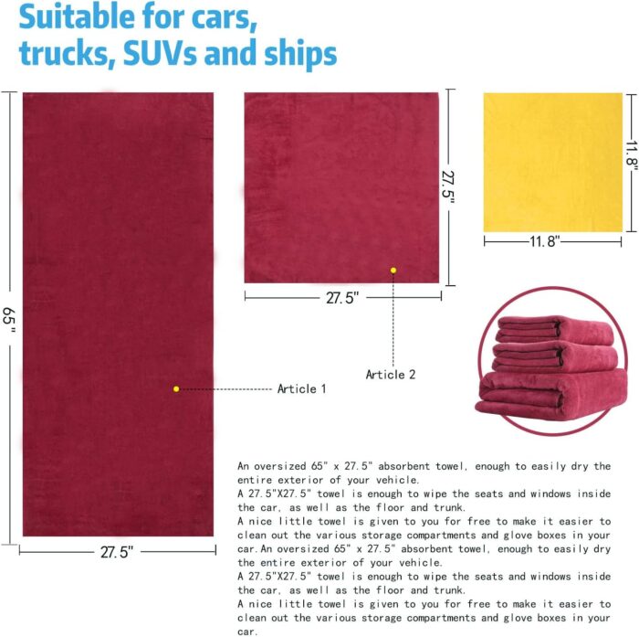Professional car wash Towels (One 27.5" x 65" and Two 27.5" x 27.5") Microfiber Drying Towel, Super Absorbent Microfiber Car Towel, for Car, Truck, Motor Vehicle, Microfiber Towe(Wine red, 3) - Image 2