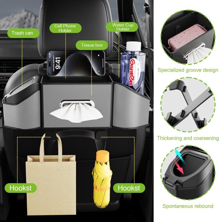 Multifunctional Car Seat Back Organizer with 2 Cup Holders, Spacious Storage for Tissues, Keys, Umbrellas, Bags & Glasses, Built in Waste Bin, Universal Hanging Storage Box for Cars, SUVs (Gray) - Image 2