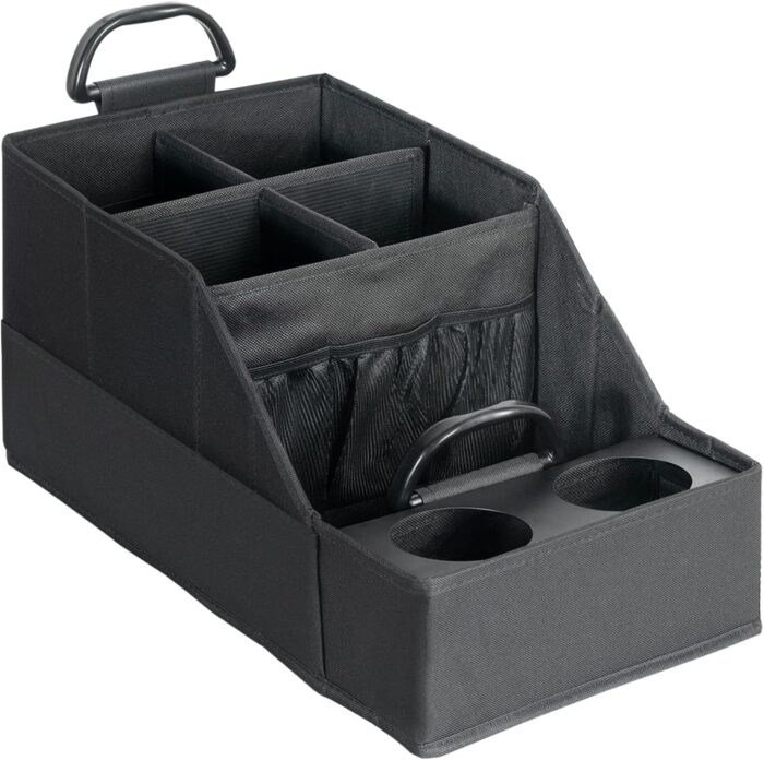 Car Seat Organizer Backseat Car Organizer with 12 Storages Compartments and 2 Metal Cup Holders,Storage Box for Front Back Passenger Between Behind Middle Seats for Truck Trunk Van,Black - Image 1