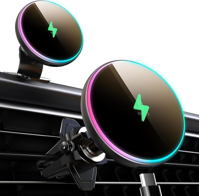 for  Car Mount Charger-15W Wireless Car Charger-Magnetic Car Phone Holder for Dash Air Vent-LED RGB HandsFree Car Mount Fast Car Charger for iPhone 14/13/12 Series - Image 1