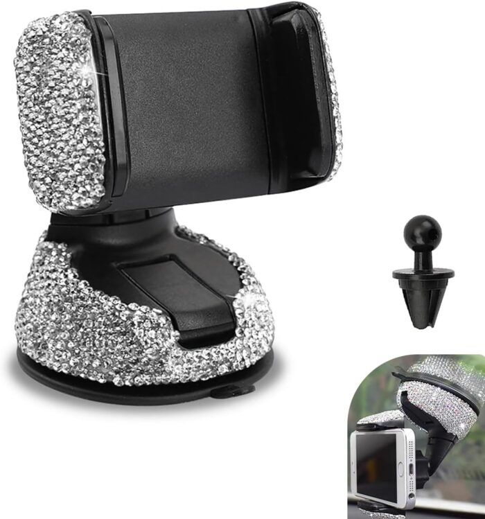 Car Phone Holder, Rhinestone Encrusted Air Conditioner Vent Navigation Mount for Women Girls, Suction Cup Air Vent Clip Dual Purpose Accessory for Most Cars (White) - Image 1