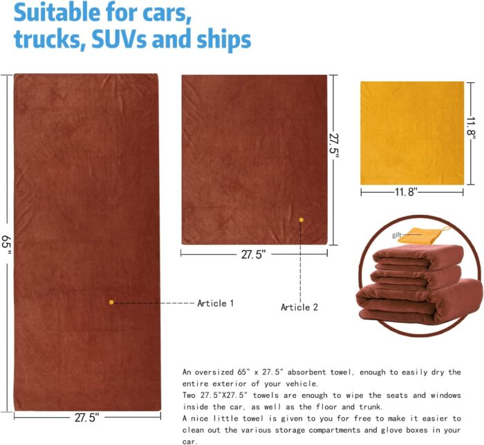 car wash Towels (One 27.5" x 65" and Two 27.5" x 27.5") Super Absorbent Microfiber Car Towel, for Car, Truck, Motorcycle, (Wine red, 3) - Image 2