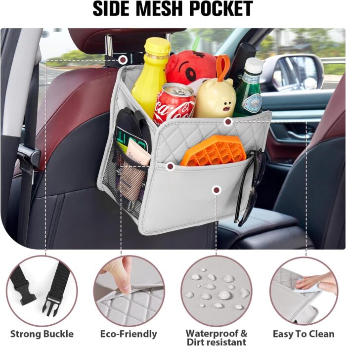 Car Seat Organizer, Updated Large Leather Backseat Car Organizer with Cup Holders Multifunctional Over the Seat Storage Organizer Bag Hanging Back Seat Organizers for Kids (Gray 1Pack) - Image 2