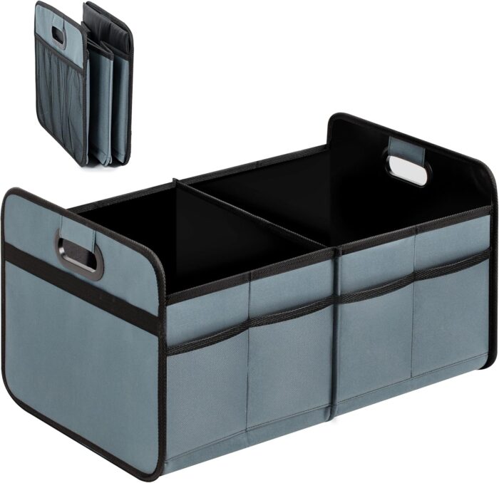 Trunk Organizer for Car/SUV/Truck, Collapsible 2 Compartment Automotive Storage Box, 600D Waterproof Oxford Polyester 50L Travel Accessories, Anti-slip & Leak-proof, Grey-Green - Image 1