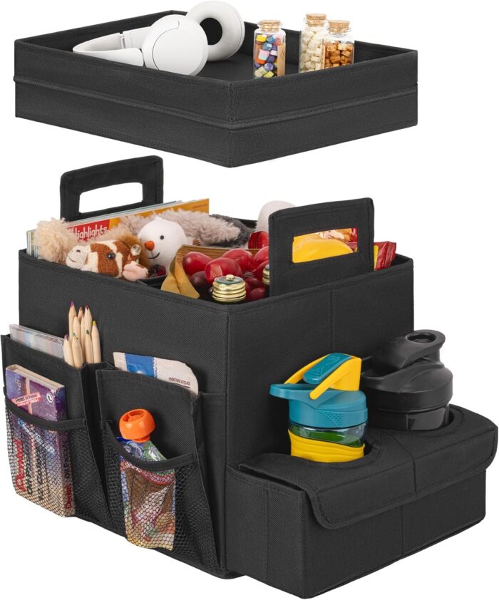 Trunk Organizer for Car, Car Organizer with Cup Holder, Seat Back Storage with Lid, Medium, Black, 1-Pack - Image 1