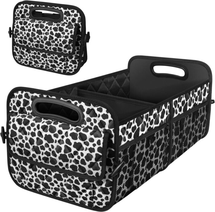 Car Organizer for SUV - 6 Big Pocket Trunk Storage With Waterproof Polyester, Car Accessories for Women/Men, Cow Print (Medium) - Image 1