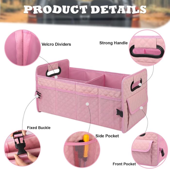 Car Trunk Organizer for SUV, Car Storage Organizer Collapsible Multi Compartment Container Box Adjustable Car Accessories for Women Men, Pink - Image 2