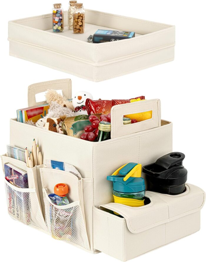 Trunk Organizer for Car, Car Organizer with Cup Holder, Seat Back Storage with Lid, Medium, Beige, 1-Pack - Image 1