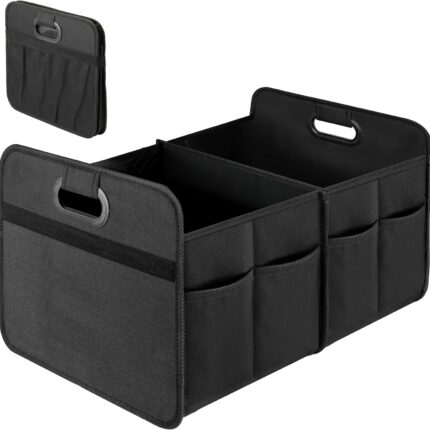 Car Trunk Organizer, 2 Compartments Collapsible Trunk Storage, Anti-slip Design, Made of Waterproof 600D Oxford Polyester, Suitable for SUV, Minivan, Truck, Standard Size, Black