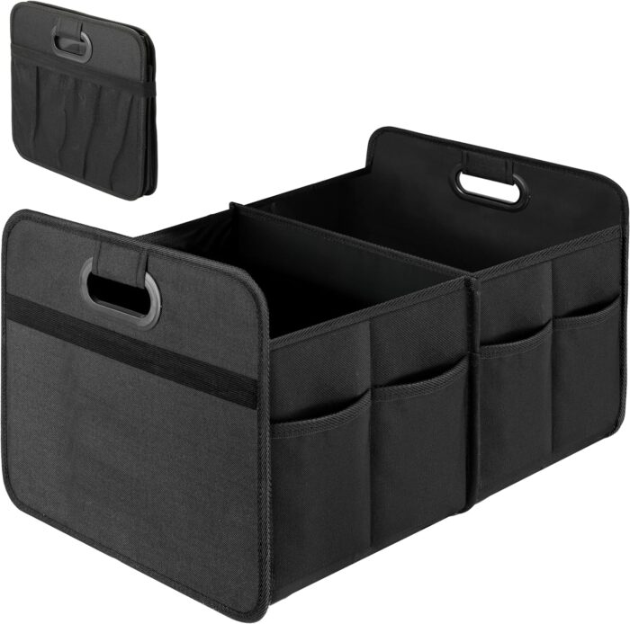 Car Trunk Organizer, 2 Compartments Collapsible Trunk Storage, Anti-slip Design, Made of Waterproof 600D Oxford Polyester, Suitable for SUV, Minivan, Truck, Standard Size, Black - Image 1