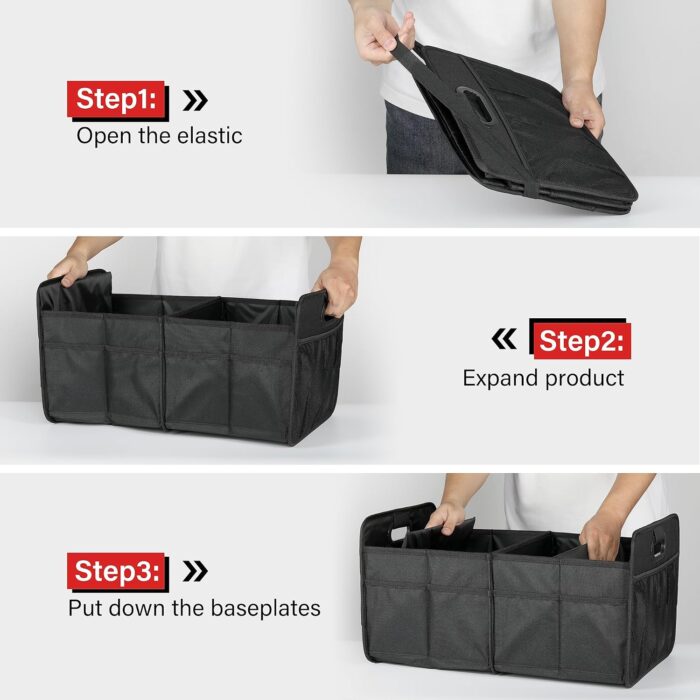 Car Trunk Organizer, 2 Compartments Collapsible Trunk Storage, Anti-slip Design, Made of Waterproof 600D Oxford Polyester, Suitable for SUV, Minivan, Truck, Standard Size, Black - Image 2