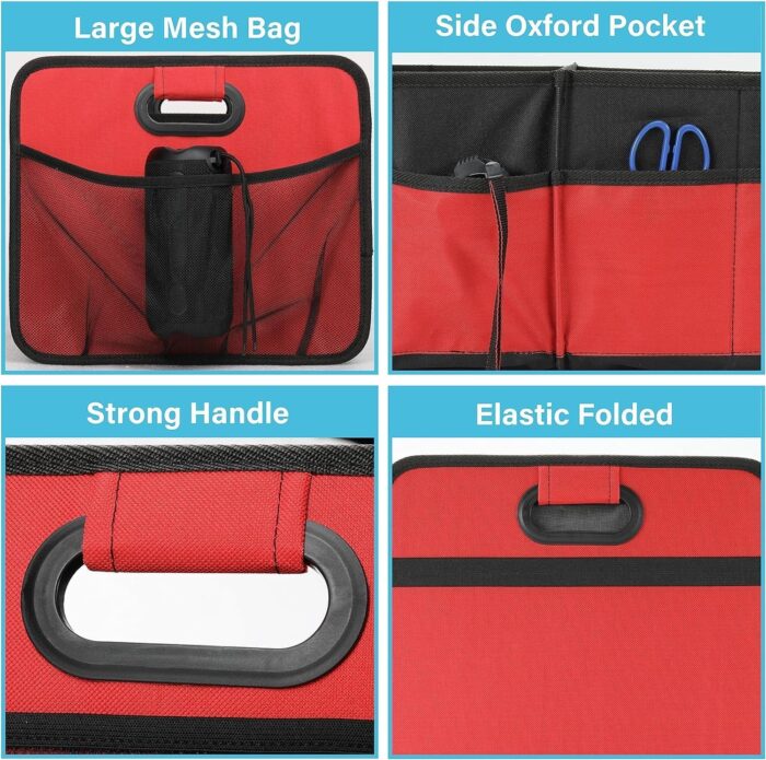 Trunk Organizer for Car/SUV/Truck, Collapsible 2 Compartment 50L Automotive Storage Box with 5 Pocket, 600D Waterproof Oxford Polyester, Anti-slip & Leak-proof, Red - Image 2